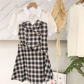 Set : Short-sleeve Plaid Shirt + Plaid A-line Skirt