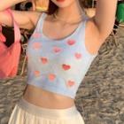 Heart Embroidered Crop Tank Top Blue - One Size