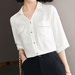 Elbow-sleeve Flap-pocket Blouse