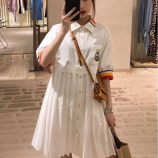 Short-sleeve Striped Pleated Shirt Dress