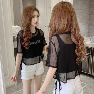 Set: Short-sleeve Mesh Top + Lettering Cropped Tank Top