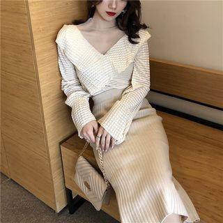 Bell-sleeve Ruffle Trim Plaid Blouse White - One Size