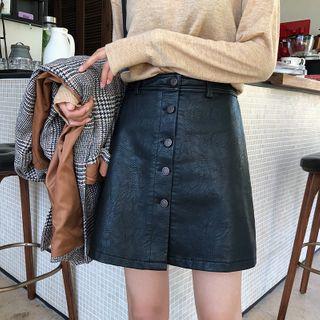 Faux Leather Button Mini A-line Skirt