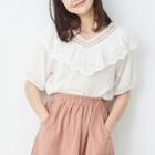 Short-sleeve Lace Panel Top Off-white - One Size