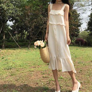 Plain Frill Trim Buttoned Sleeveless Dress