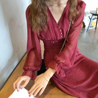 Long-sleeve V-neck A-line Midi Chiffon Dress