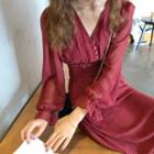 Long-sleeve V-neck A-line Midi Chiffon Dress