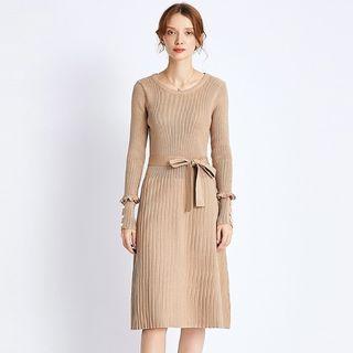 Tie-waist Ruffle-trim Knit Dress