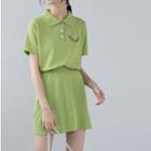 Set: Embroidered Short-sleeve Polo Shirt + A-line Skirt Green - One Size