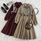 Plain Long-sleeve Loose-fit Dress / Check Vest