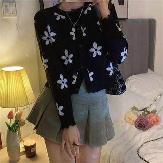 Floral Print Cardigan White Flowers - Black - One Size