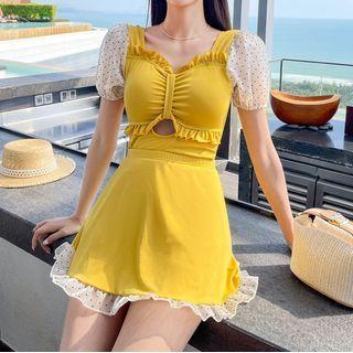 Set: Puff-sleeve Dotted Panel Swimsuit + Swim Skirt