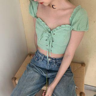 Puff-sleeve Dotted Lace-up Crop Top