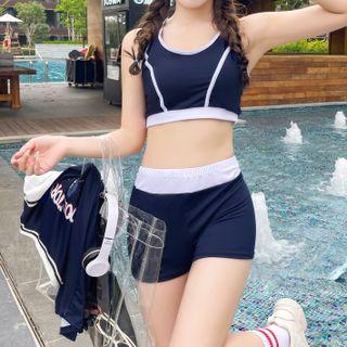 Set: Elbow-sleeve Lettering Cover-up + Tankini Top + Swim Shorts