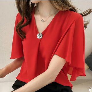 Flutter-sleeve V-neck Chiffon Blouse