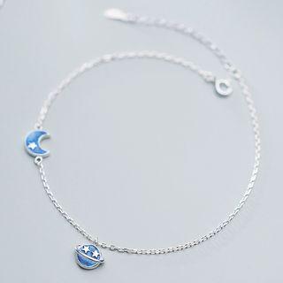 925 Sterling Silver Planet & Moon Anklet S925 Silver - Ankle - Blue & Silver - One Size