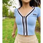 Color Panel Zip-up Short-sleeve Cropped Top