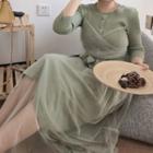 3/4-sleeve Mesh Overlay Maxi A-line Knit Dress