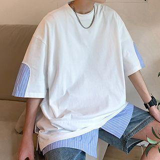 Mock Two-piece Short-sleeve Stripe Panel T-shirt