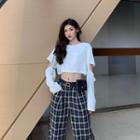 Long-sleeve Crop Top / Plaid Wide Leg Pants