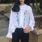 Flower Embroidered Frill Trim Long Sleeve Blouse
