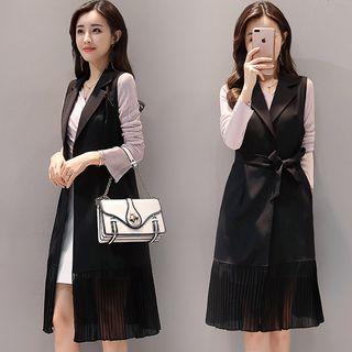 Pleated Long Vest With Sash