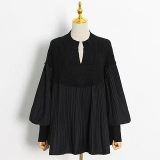 Lantern-sleeve Split-neck Knit Panel Blouse