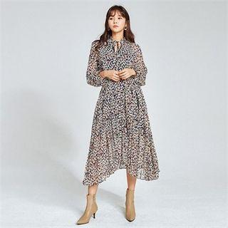 Tie-neck Leopard Pattern Long Chiffon Dress