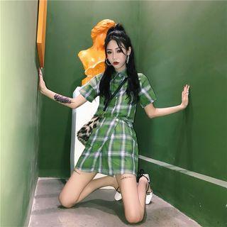 Set: Short-sleeve Plaid Shirt + Mini A-line Plaid Skirt
