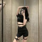 Strappy Shorts / Short-sleeve Cropped T-shirt / Grommet Belt / Set