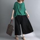 Set: Elbow-sleeve Top + Wide Leg Pants Top - Green - One Size / Pants - Black - One Size