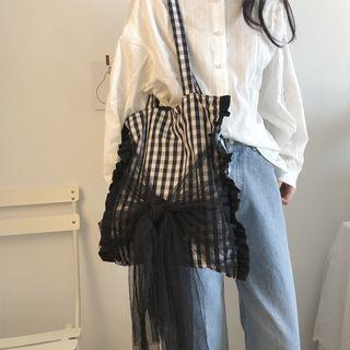 Mesh Ribbon Plaid Canvas Shopper Bag