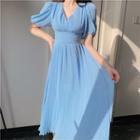 Elbow-sleeve V-neck Frill Trim Midi A-line Dress