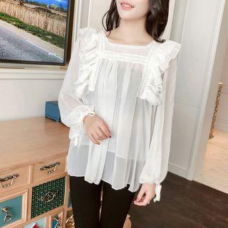Lantern-sleeve Ruffle Trim Chiffon Top