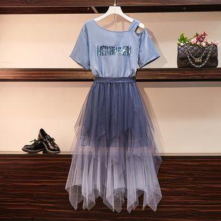Set: Short-sleeve Sequined Mini T-shirt Dress + Gradient Ruffled Mesh A-line Midi Skirt