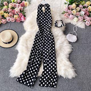 Dotted Halter-neck Wide-leg Jumpsuit