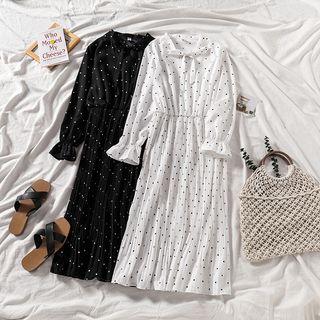 Long-sleeve Crinkled Polka Dot Chiffon A-line Midi Dress