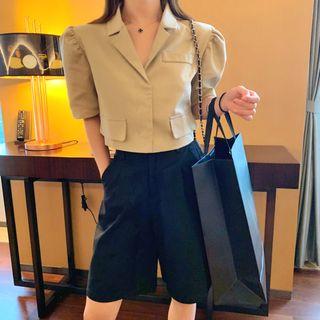 Plain Puff-sleeve Shirt Almond - One Size