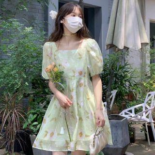 Puff-sleeve Floral Mini A-line Dress Floral - Light Green - One Size