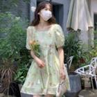 Puff-sleeve Floral Mini A-line Dress Floral - Light Green - One Size