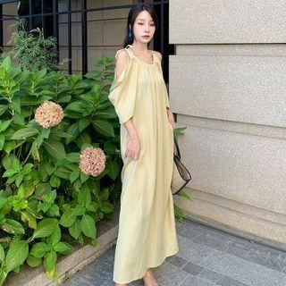 Elbow-sleeve Maxi A-line Dress Green - One Size
