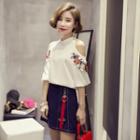 Embroidered Shoulder-cutout 3/4 Sleeve Chiffon Top