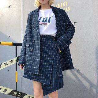 Plaid A-line Skirt / Double-breasted Blazer / Cropped Pants