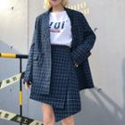 Plaid A-line Skirt / Double-breasted Blazer / Cropped Pants