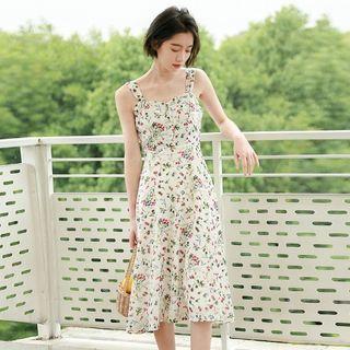 Spaghetti-strap Floral Midi A-line Dress Floral - Almond - One Size