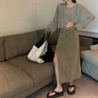 Long Sleeve Sheer Top / High Waist Slit Maxi Skirt