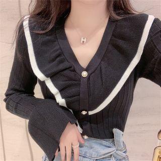 Contrast Trim Ruffle Panel Knit Cardigan
