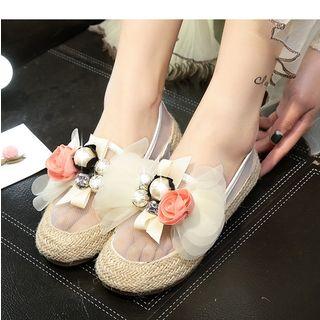 Mesh Panel Faux-pearl Woven Flats