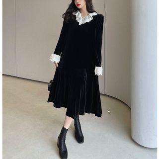 Lace-trim Velvet Top / Midi Dress