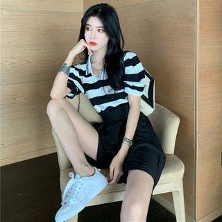 Short-sleeve Striped Polo Shirt / Wide-leg Shorts
